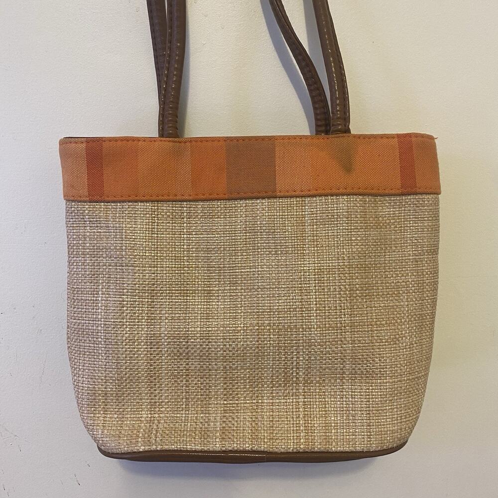 VTG Y2K 00’s Bueno Leather Canvas Woven Straw Shoulder Tote Bag Beige Brown - Picture 7 of 9